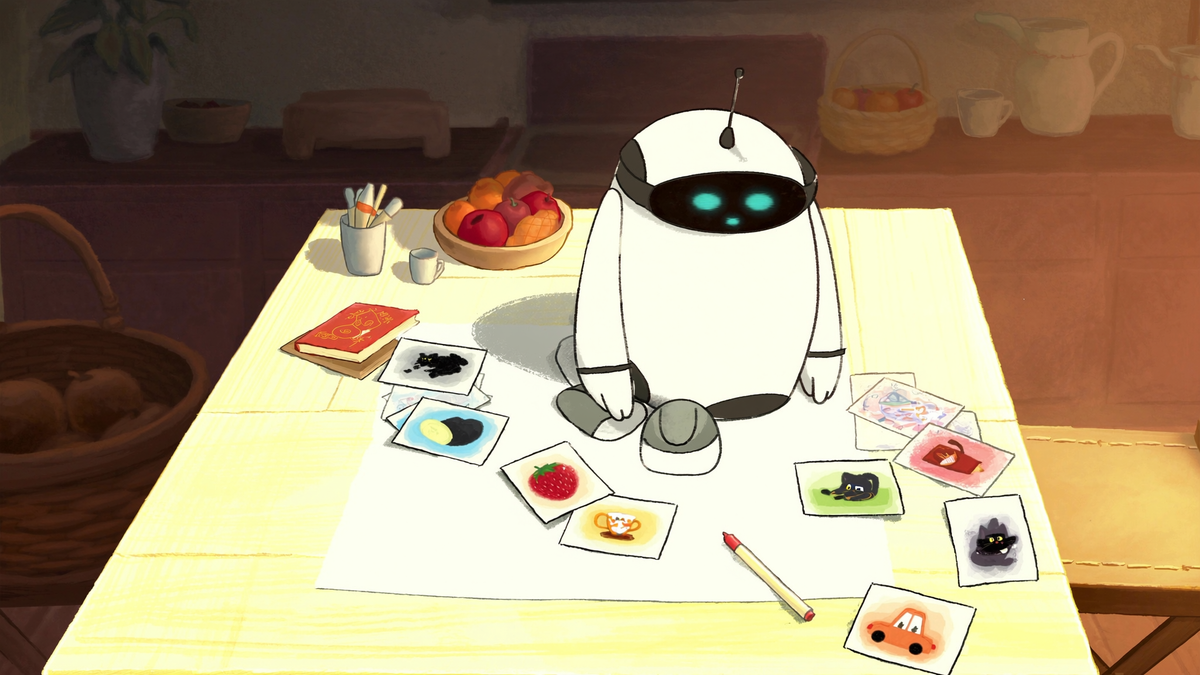 Storybook illustration of Drawbie drawing robot at a sunlit kitchen table surrounded by drawing cards